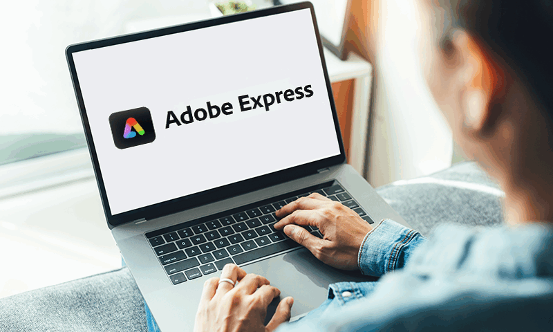 Mockup image blank screen computer with Adobe Express logo